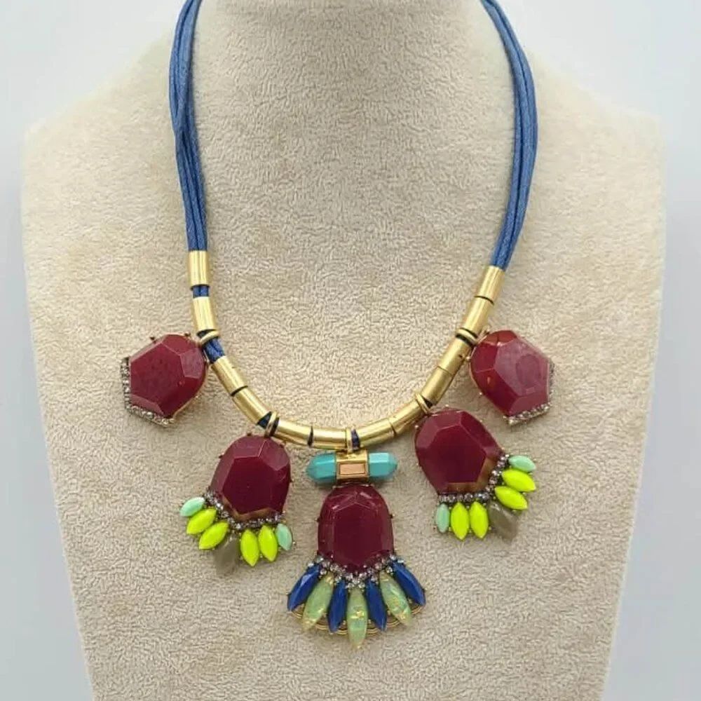 J Crew Boho Burgundy Stone Necklace Blue Cord Brass Necklace